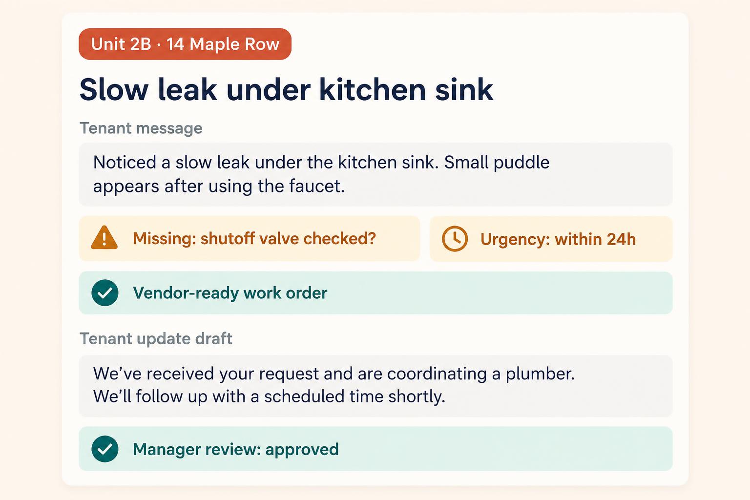 DoorBrief repair brief with unit chip, urgency label, vendor-ready work order, and manager review status